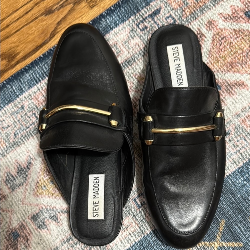 Steve Madden Black Slip-On Flats with Gold Detail